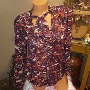 Bebe sheer neck tie button up blouse top S